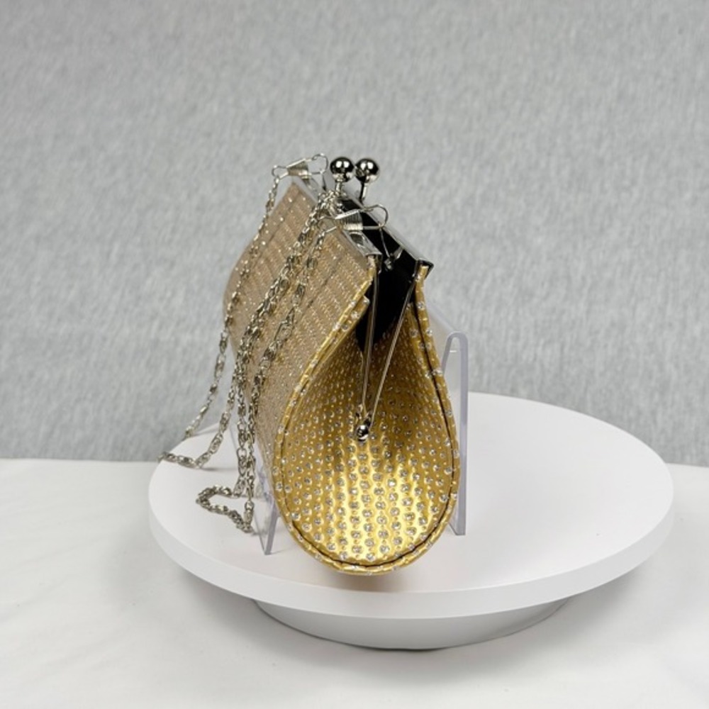 Gold Rhinestone Evening Clutch Metallic Formal Wedding Purse with Chain Strap - Picture 7 of 11